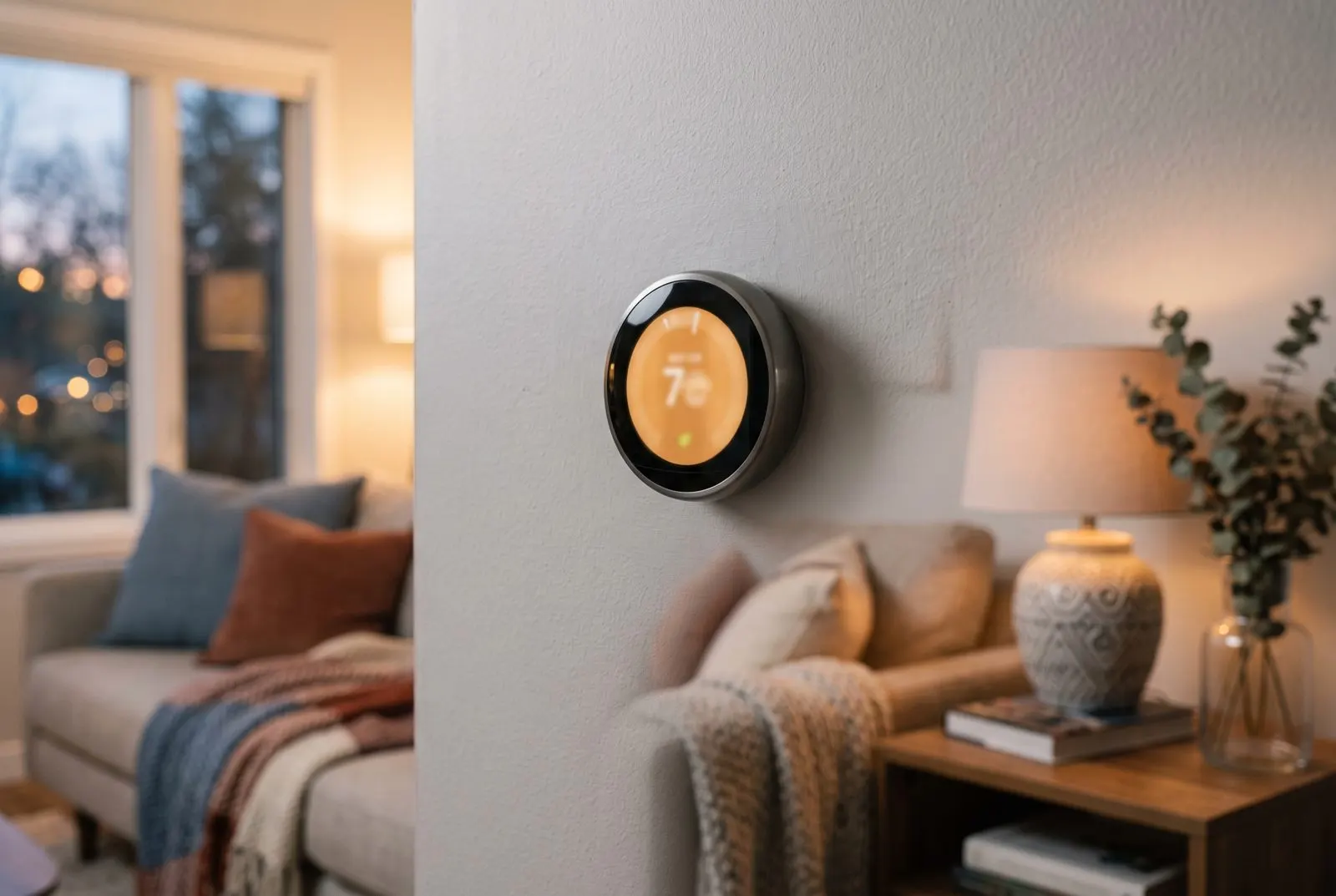 Smart thermostat on a living room wall in the evening