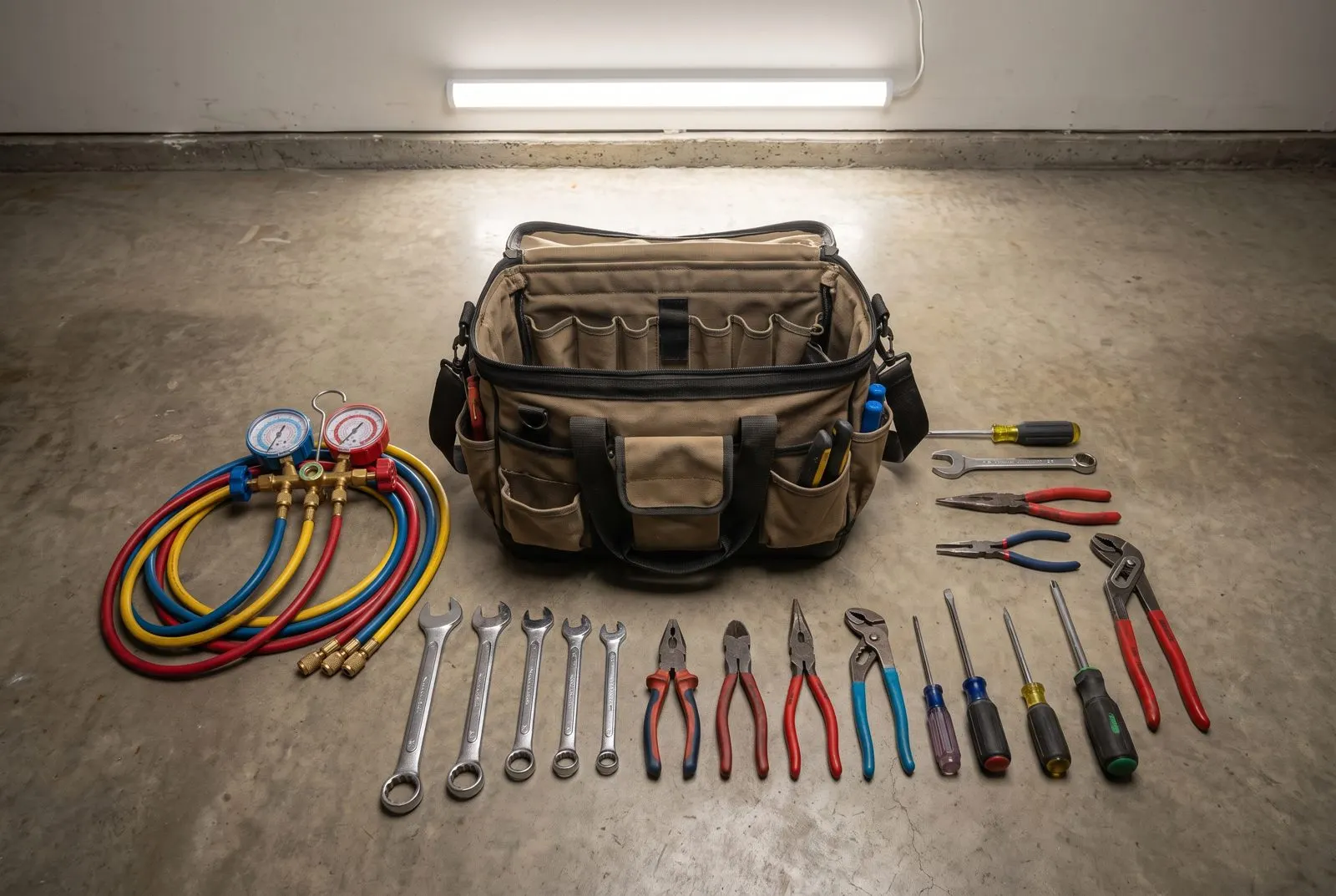 HVAC tool bag, gauges and hand tools laid out on a garage floor