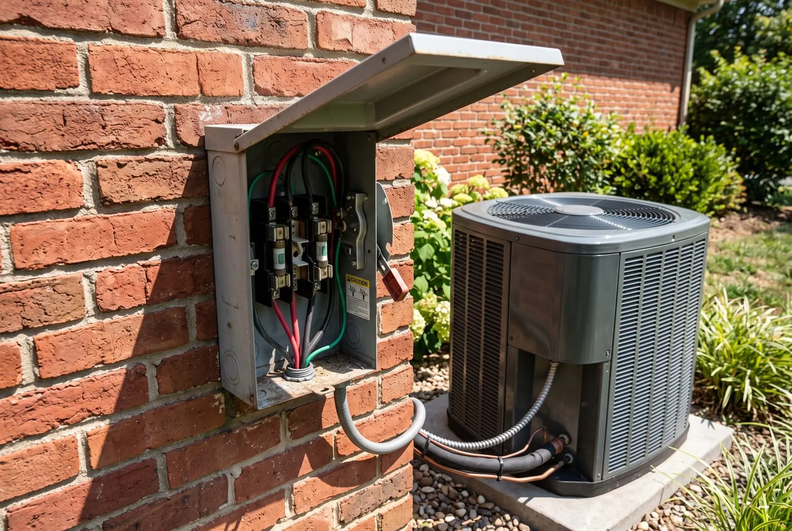 Open AC disconnect box on a brick wall beside the condenser