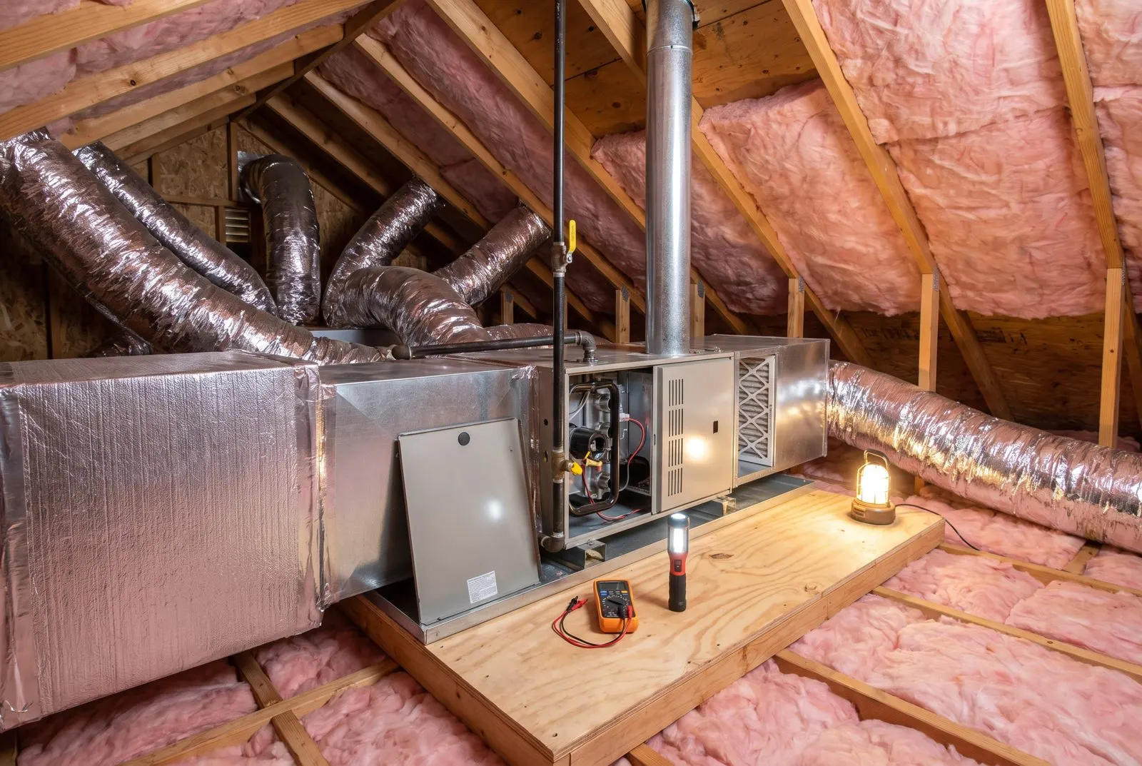 Horizontal gas furnace on an attic platform with its panel off and a multimeter beside it