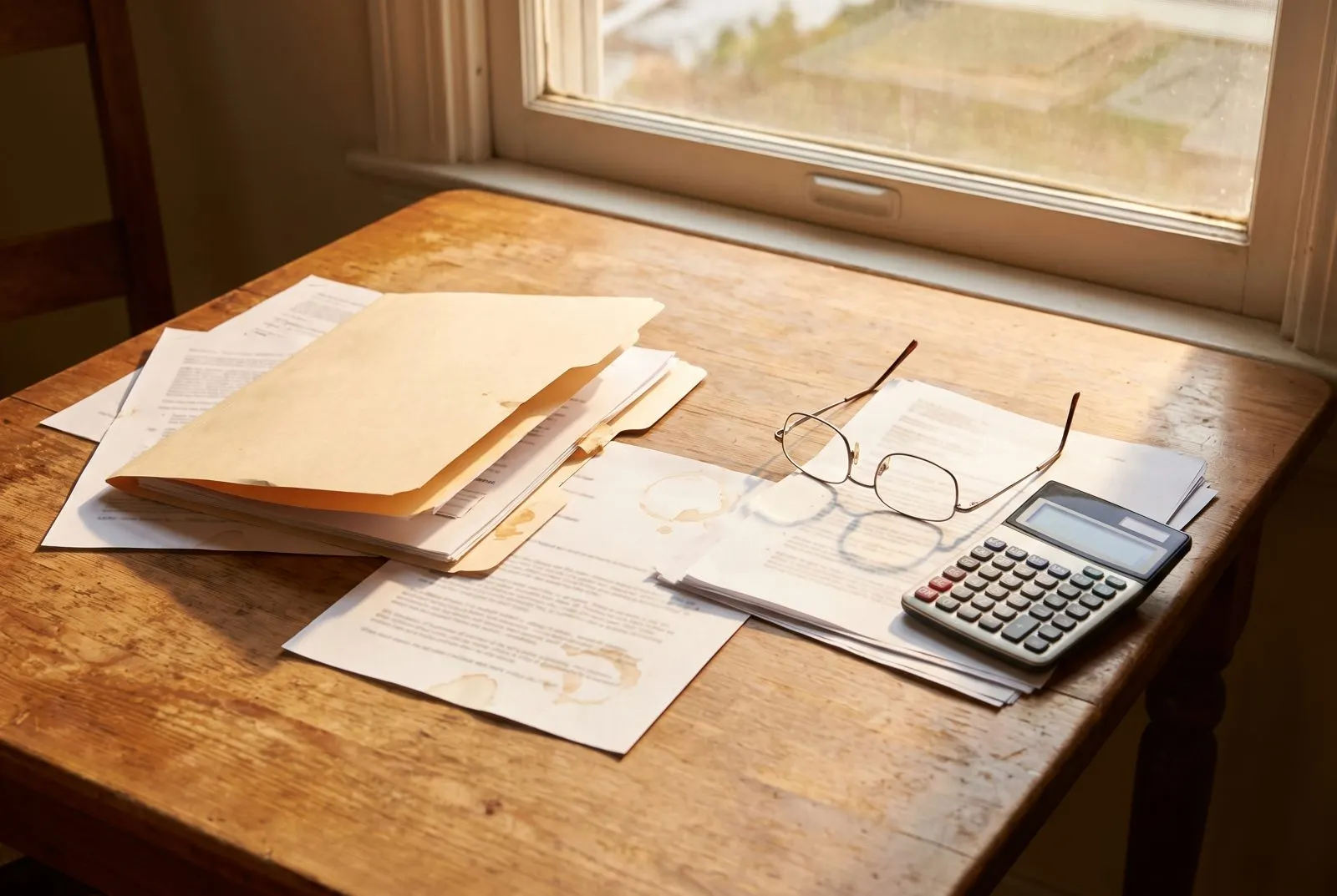 Paperwork, a folder and a calculator on a kitchen table