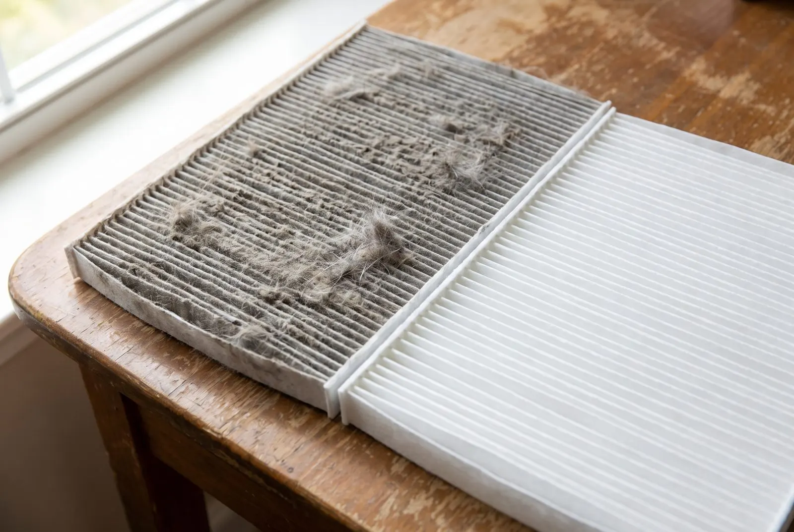 A clogged air filter next to a new one