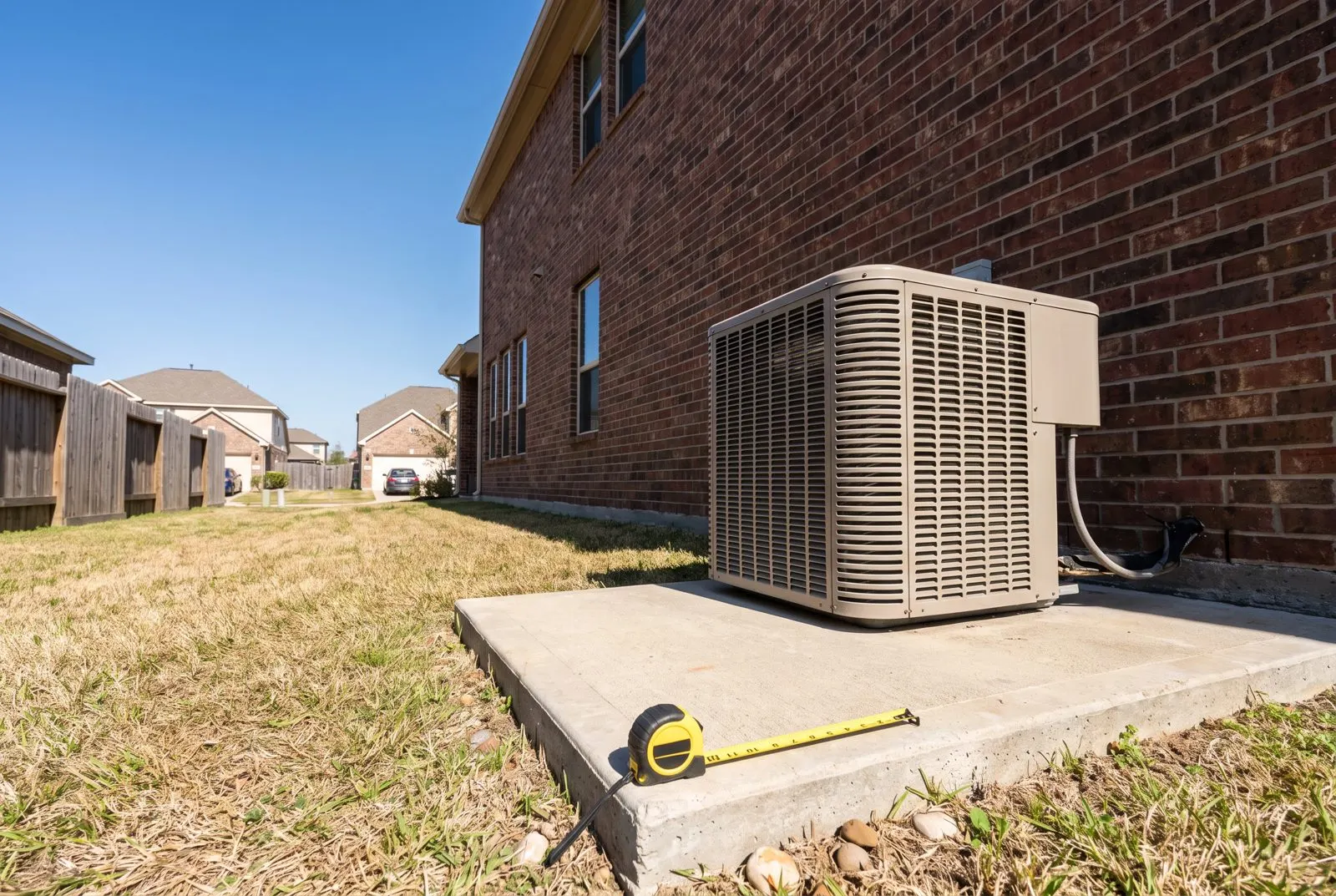 Two-story brick home with an AC condenser and a tape measure on the pad